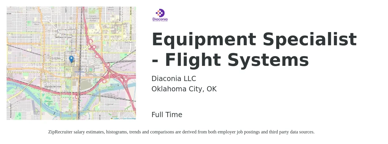 Diaconia LLC job posting for a Equipment Specialist - Flight Systems in Oklahoma City, OK with a salary of $24 to $29 Hourly with a map of Oklahoma City location.