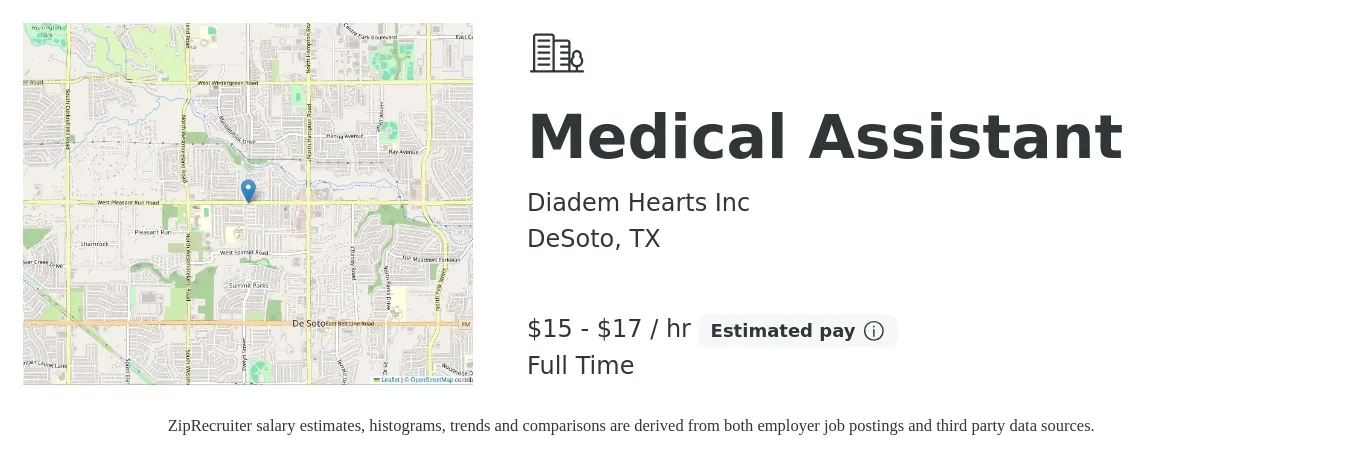 Diadem Hearts Inc job posting for a Medical Assistant in DeSoto, TX with a salary of $16 to $18 Hourly with a map of DeSoto location.