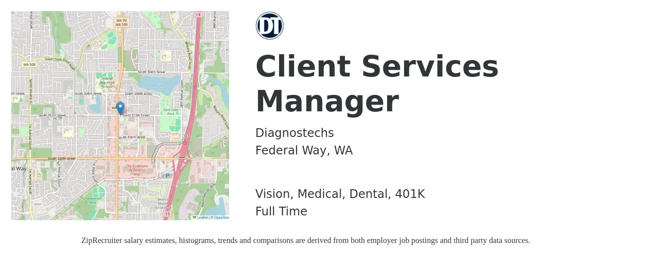 Diagnostechs job posting for a Client Services Manager in Federal Way, WA with a salary of $55,800 to $92,700 Yearly and benefits including medical, vision, 401k, and dental with a map of Federal Way location.
