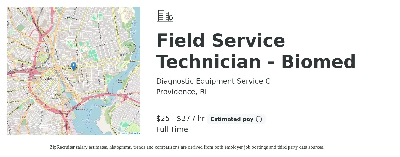 Diagnostic Equipment Service C job posting for a Field Service Technician - Biomed in Providence, RI with a salary of $26 to $29 Hourly with a map of Providence location.