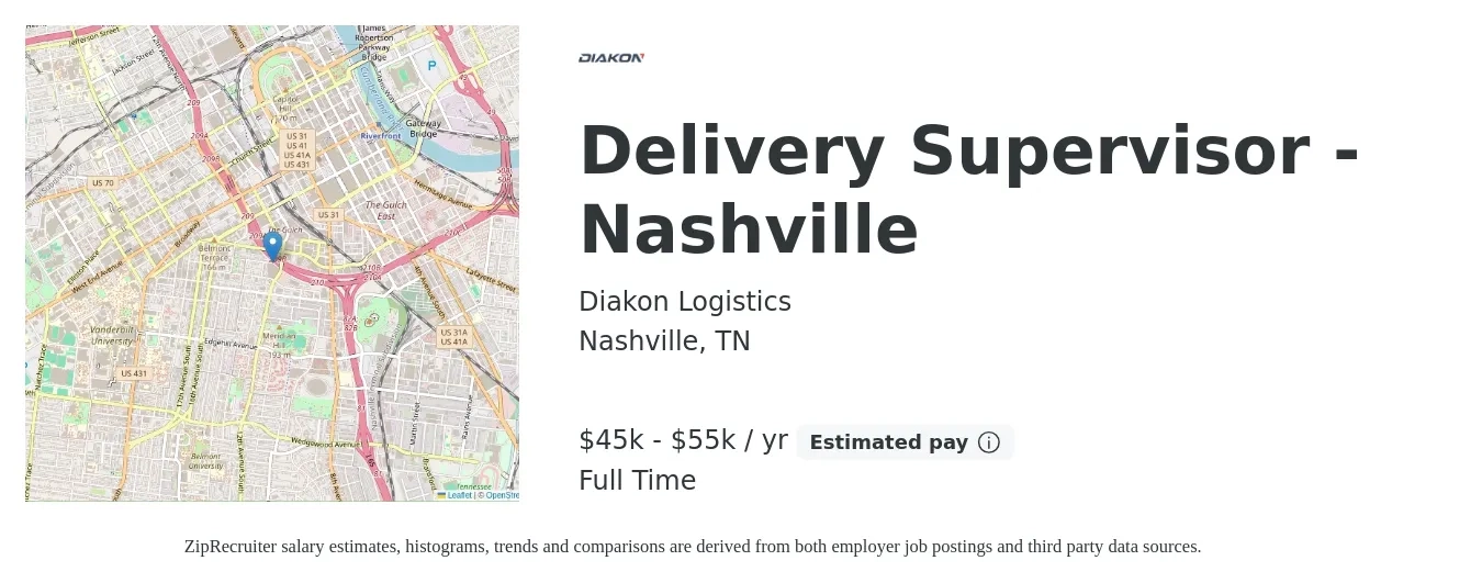 Diakon Logistics job posting for a Delivery Supervisor - Nashville in Nashville, TN with a salary of $45,000 to $55,000 Yearly with a map of Nashville location.