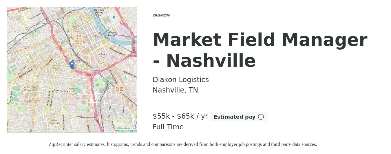 Diakon Logistics job posting for a Market Field Manager - Nashville in Nashville, TN with a salary of $55,000 to $65,000 Yearly with a map of Nashville location.