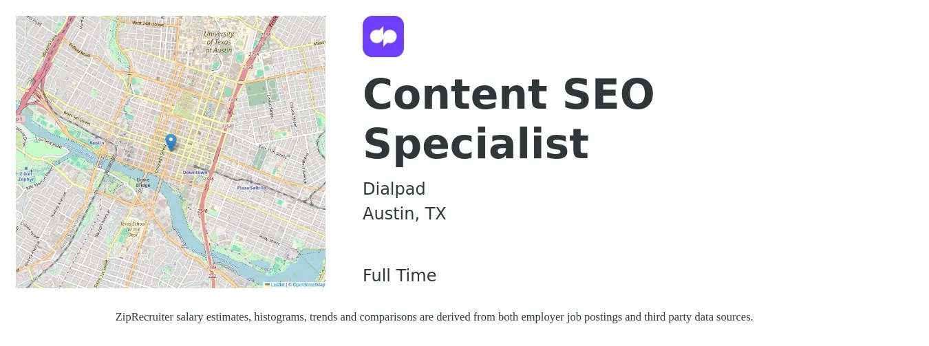 Dialpad job posting for a Content SEO Specialist in Austin, TX with a salary of $23 to $37 Hourly with a map of Austin location.