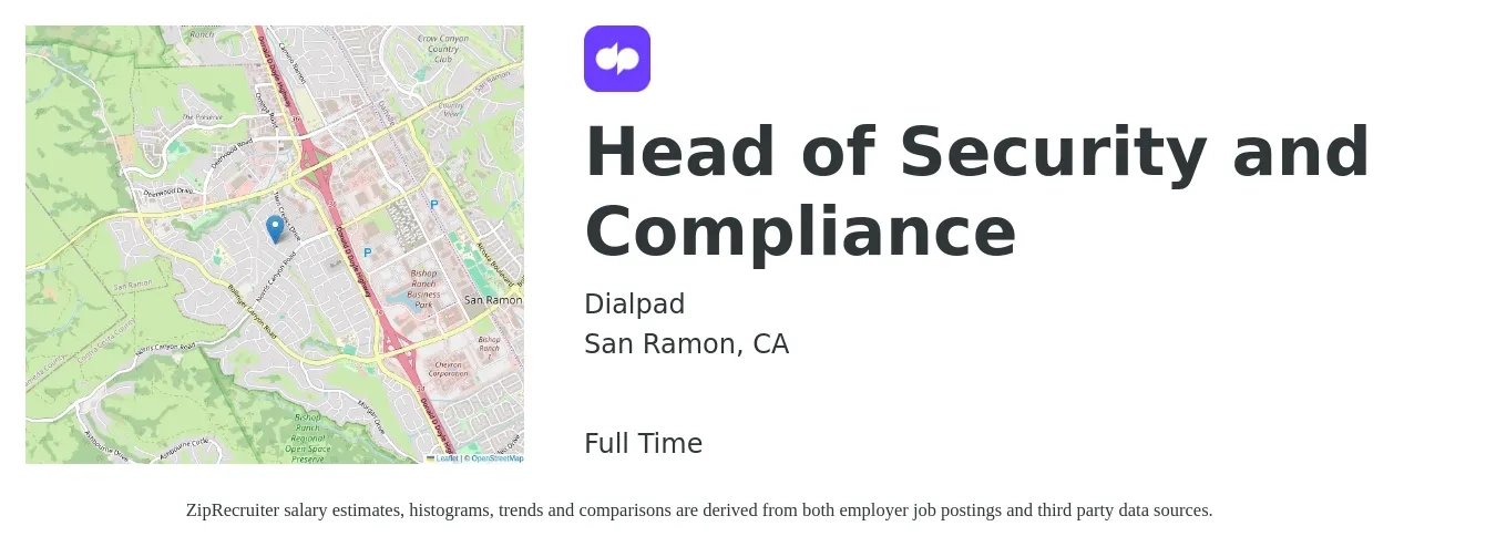 Dialpad job posting for a Head of Security and Compliance in San Ramon, CA with a salary of $95,000 to $131,300 Yearly with a map of San Ramon location.