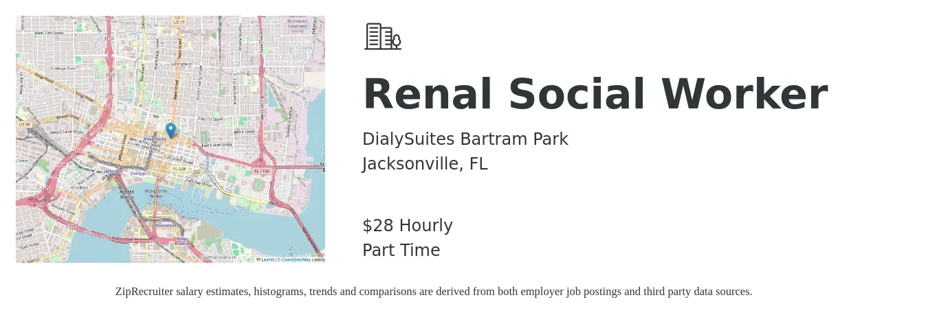DialySuites Bartram Park job posting for a Renal Social Worker in Jacksonville, FL with a salary of $30 Hourly and benefits including pto, and retirement with a map of Jacksonville location.