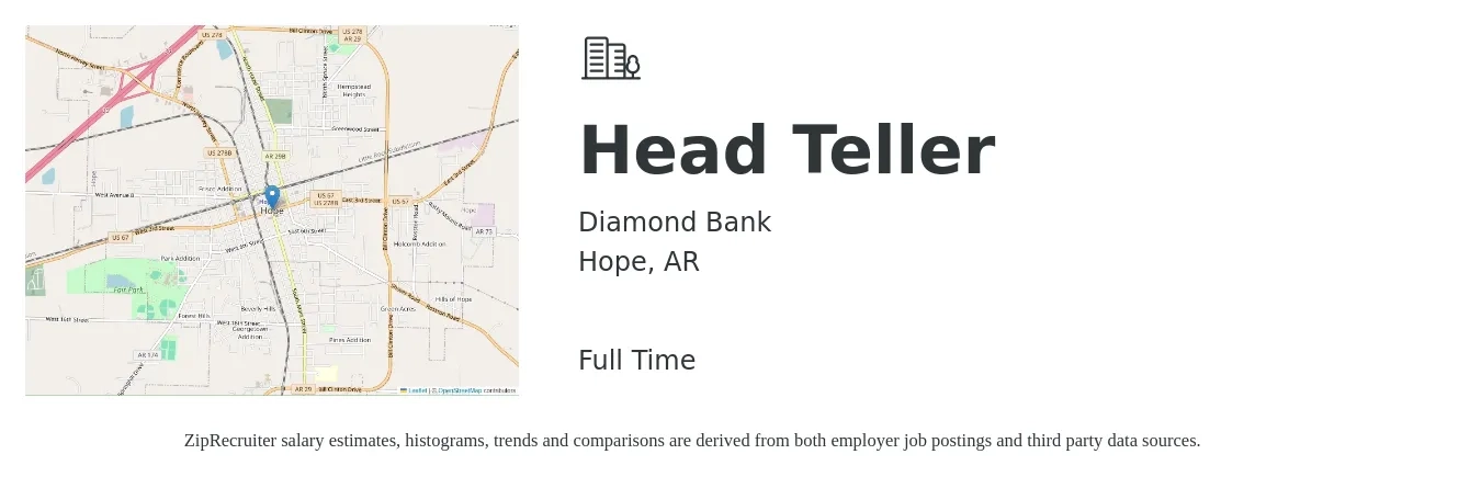 Diamond Bank job posting for a Head Teller in Hope, AR with a salary of $20 to $25 Hourly with a map of Hope location.