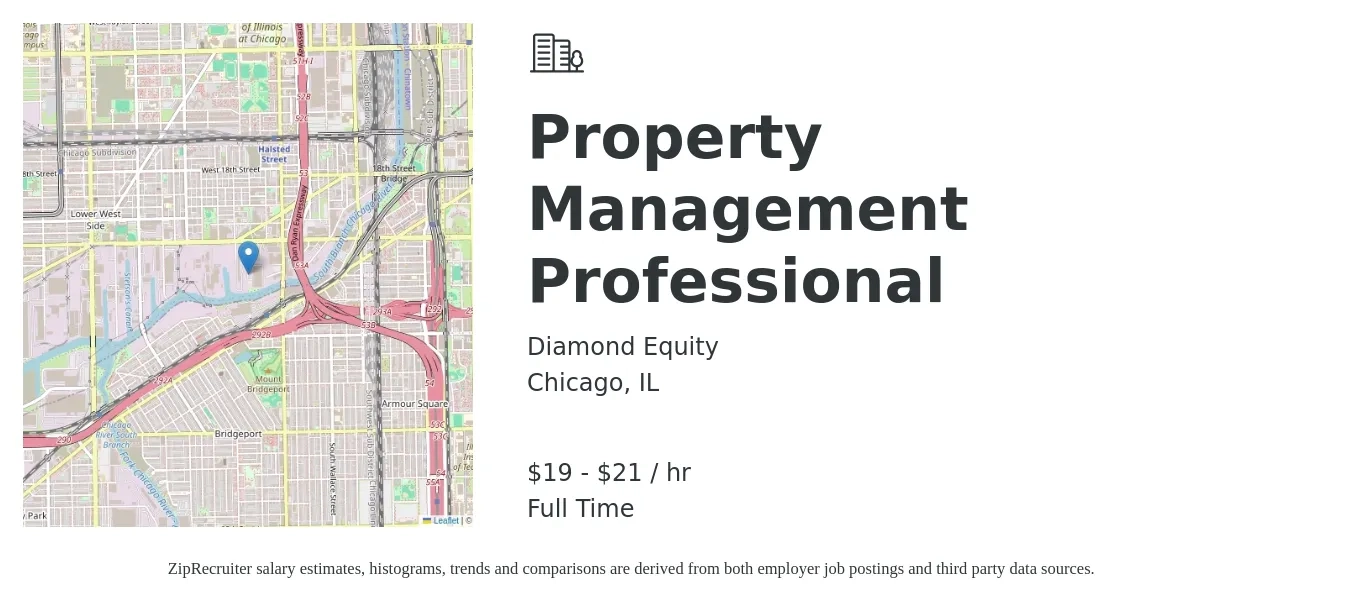 Diamond Equity job posting for a Property Management Professional in Chicago, IL with a salary of $20 to $22 Hourly with a map of Chicago location.