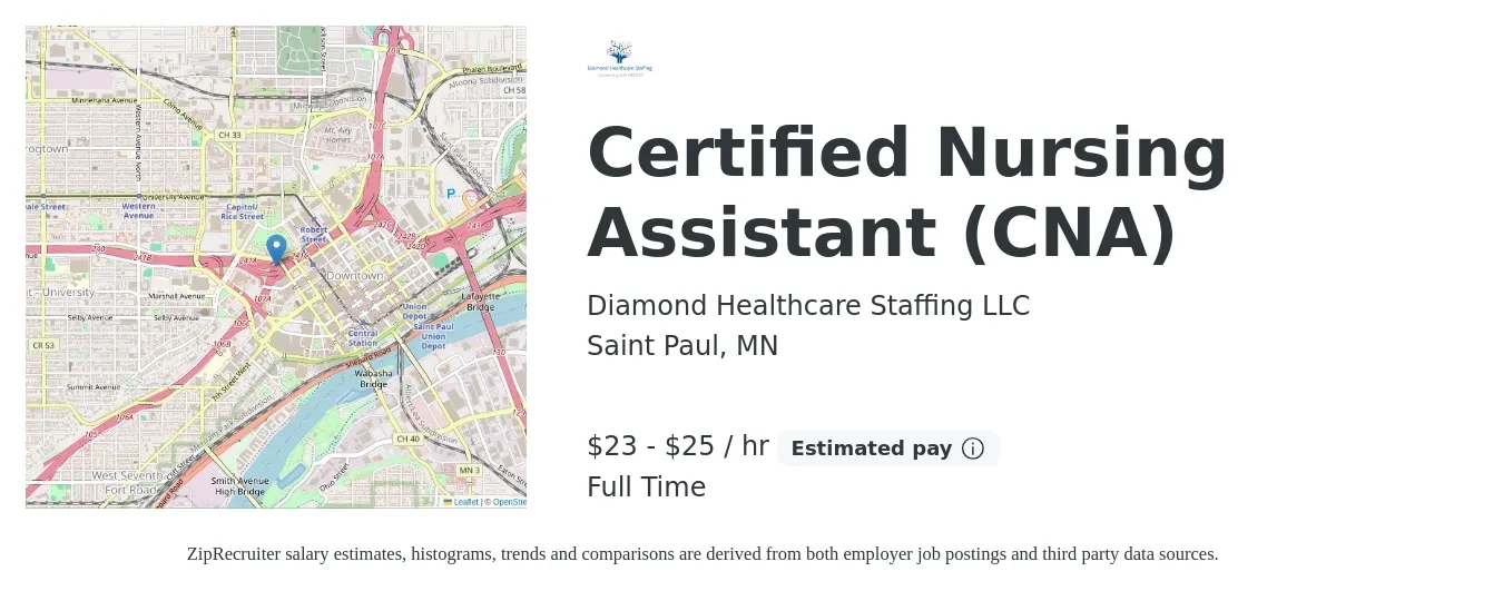 Diamond Healthcare Staffing LLC job posting for a Certified Nursing Assistant (CNA) in Saint Paul, MN with a salary of $24 to $26 Hourly with a map of Saint Paul location.