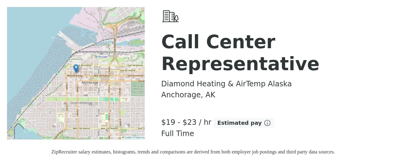 Diamond Heating & AirTemp Alaska job posting for a Call Center Representative in Anchorage, AK with a salary of $20 to $24 Hourly with a map of Anchorage location.