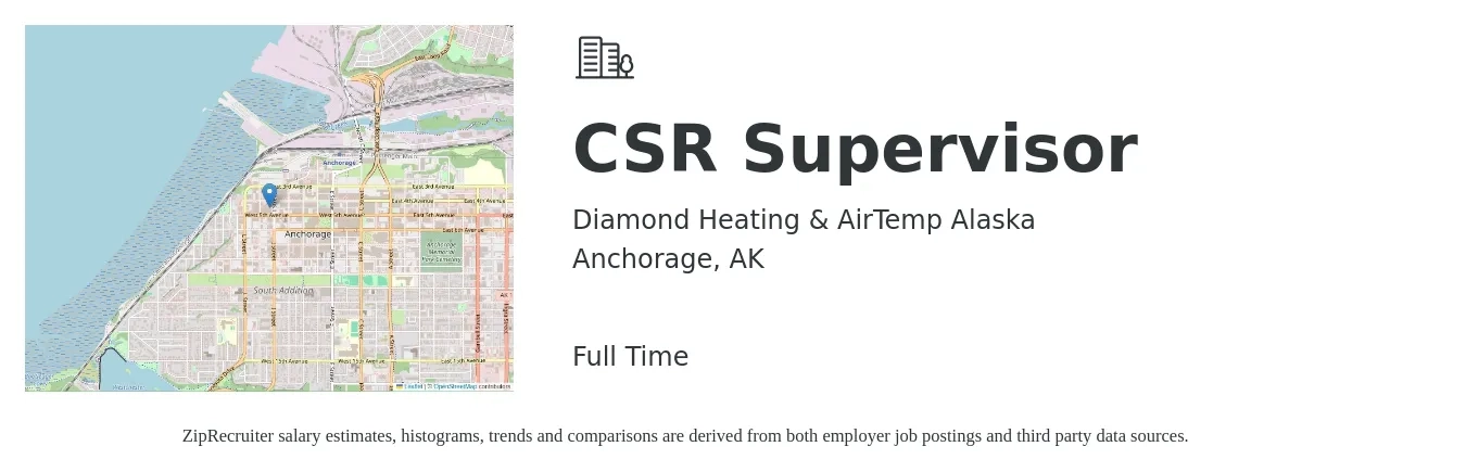 Diamond Heating & AirTemp Alaska job posting for a CSR Supervisor in Anchorage, AK with a salary of $41,900 to $71,500 Yearly with a map of Anchorage location.