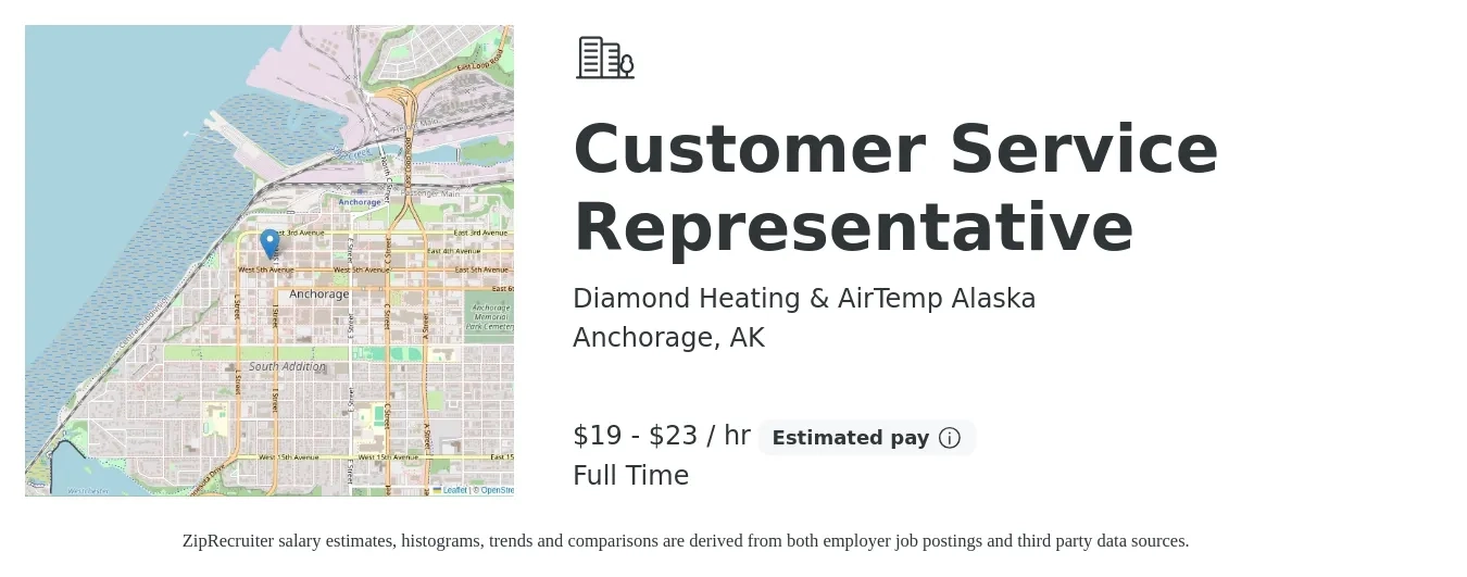Diamond Heating & AirTemp Alaska job posting for a Customer Service Representative in Anchorage, AK with a salary of $20 to $24 Hourly with a map of Anchorage location.