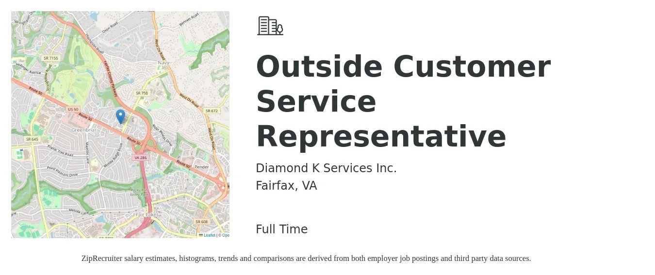 Diamond K Services Inc. job posting for a Outside Customer Service Representative in Fairfax, VA with a salary of $600 to $750 Weekly with a map of Fairfax location.