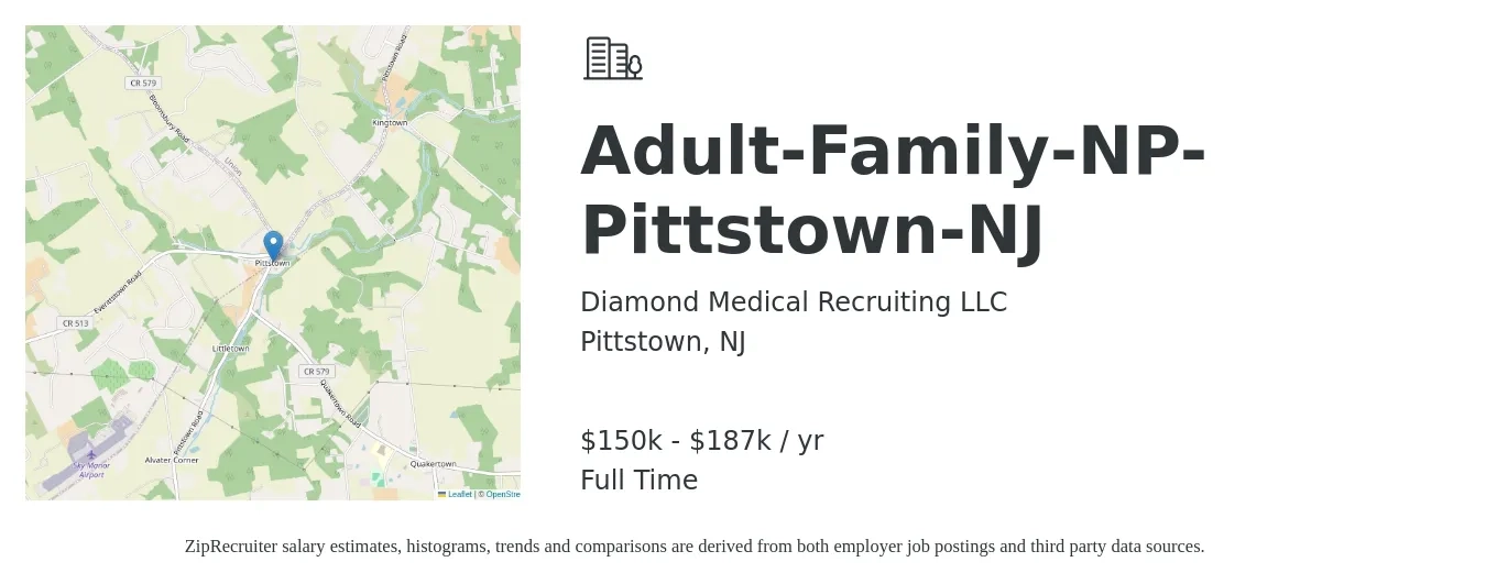Diamond Medical Recruiting LLC job posting for a Adult-Family-NP-Pittstown-NJ in Pittstown, NJ with a salary of $150,000 to $187,000 Yearly with a map of Pittstown location.