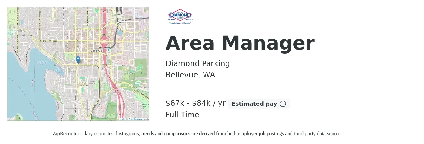 Diamond Parking job posting for a Area Manager in Bellevue, WA with a salary of $67,725 to $84,000 Yearly with a map of Bellevue location.
