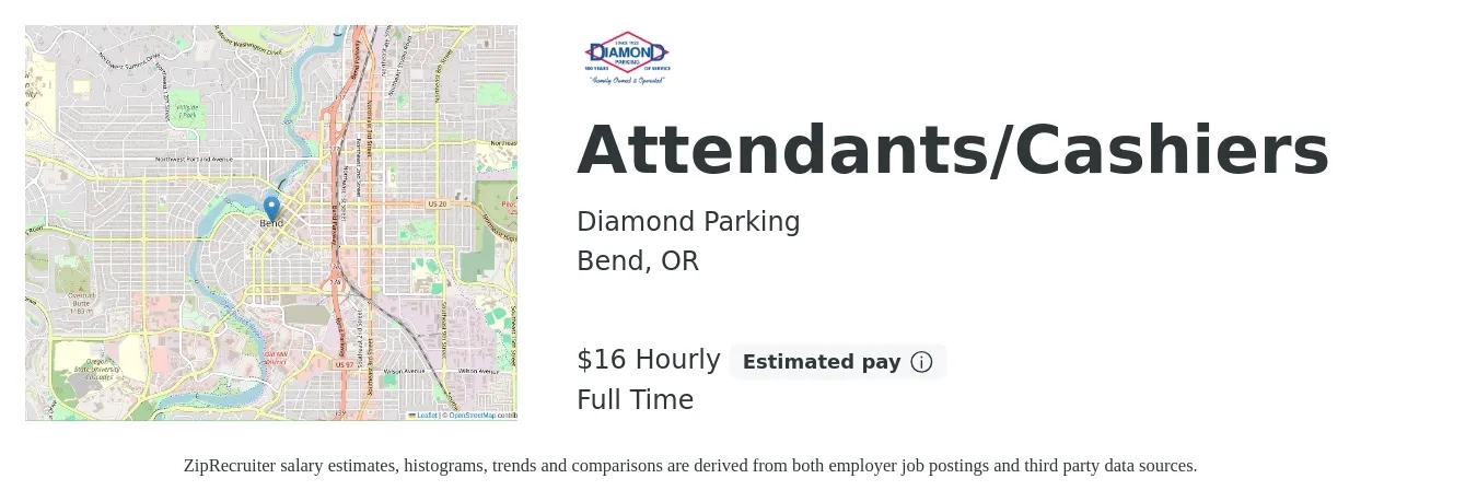 Diamond Parking job posting for a Attendants/Cashiers in Bend, OR with a salary of $17 Hourly with a map of Bend location.