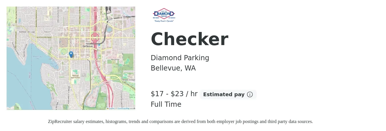 Diamond Parking job posting for a Checker in Bellevue, WA with a salary of $18 to $24 Hourly with a map of Bellevue location.