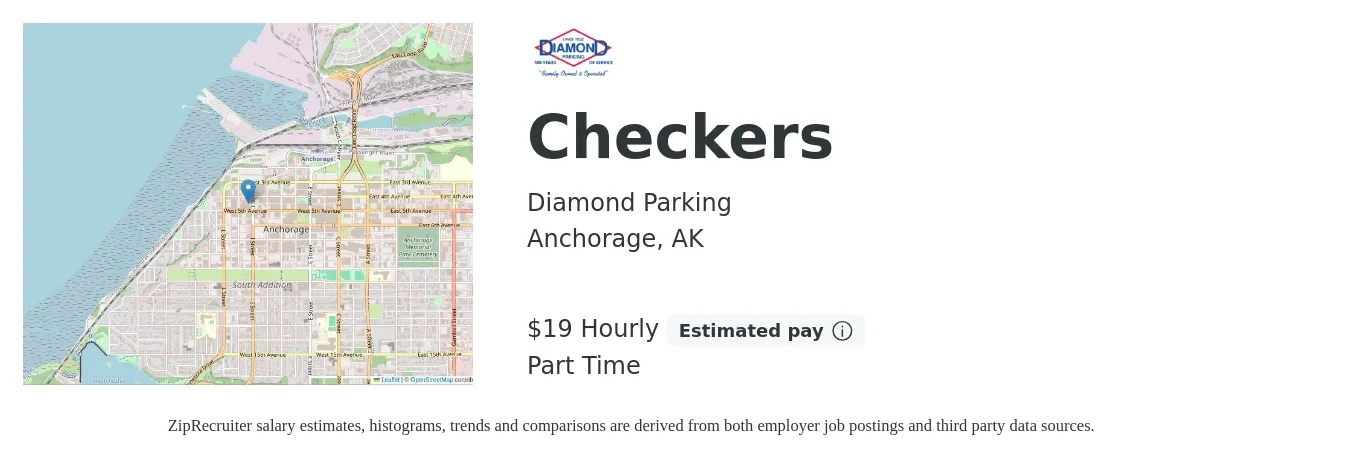 Diamond Parking job posting for a Checkers in Anchorage, AK with a salary of $24 to $29 Hourly with a map of Anchorage location.
