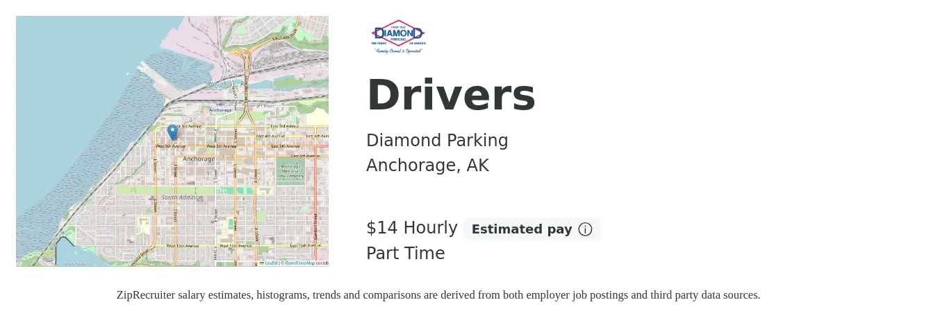 Diamond Parking job posting for a Drivers in Anchorage, AK with a salary of $15 Hourly with a map of Anchorage location.