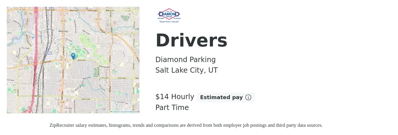 Diamond Parking job posting for a Drivers in Salt Lake City, UT with a salary of $15 Hourly with a map of Salt Lake City location.