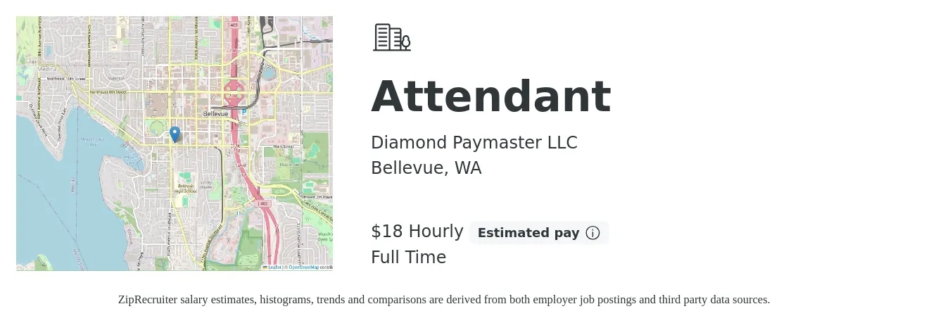 Diamond Paymaster LLC job posting for a Attendant in Bellevue, WA with a salary of $20 Hourly with a map of Bellevue location.