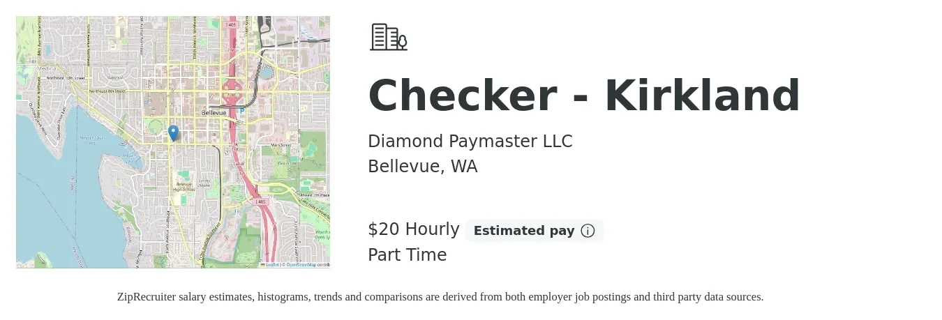 Diamond Paymaster LLC job posting for a Checker - Kirkland in Bellevue, WA with a salary of $21 Hourly with a map of Bellevue location.
