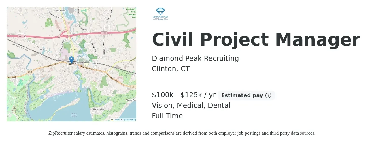 Diamond Peak Recruiting job posting for a Civil Project Manager in Clinton, CT with a salary of $100,000 to $125,000 Yearly and benefits including dental, life_insurance, medical, pto, retirement, and vision with a map of Clinton location.