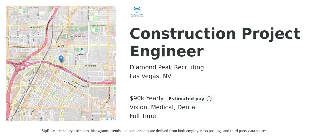 Diamond Peak Recruiting job posting for a Construction Project Engineer in Las Vegas, NV with a salary of $90,000 Yearly and benefits including vision, dental, life_insurance, medical, pto, and retirement with a map of Las Vegas location.