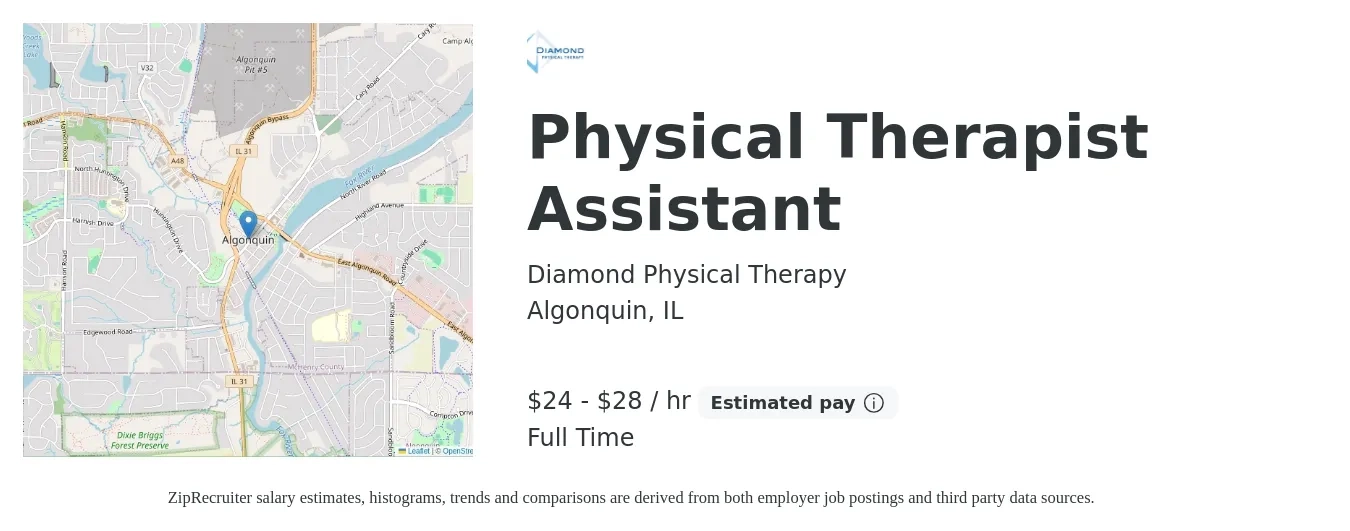 Diamond Physical Therapy job posting for a Physical Therapist Assistant in Algonquin, IL with a salary of $25 to $30 Hourly with a map of Algonquin location.