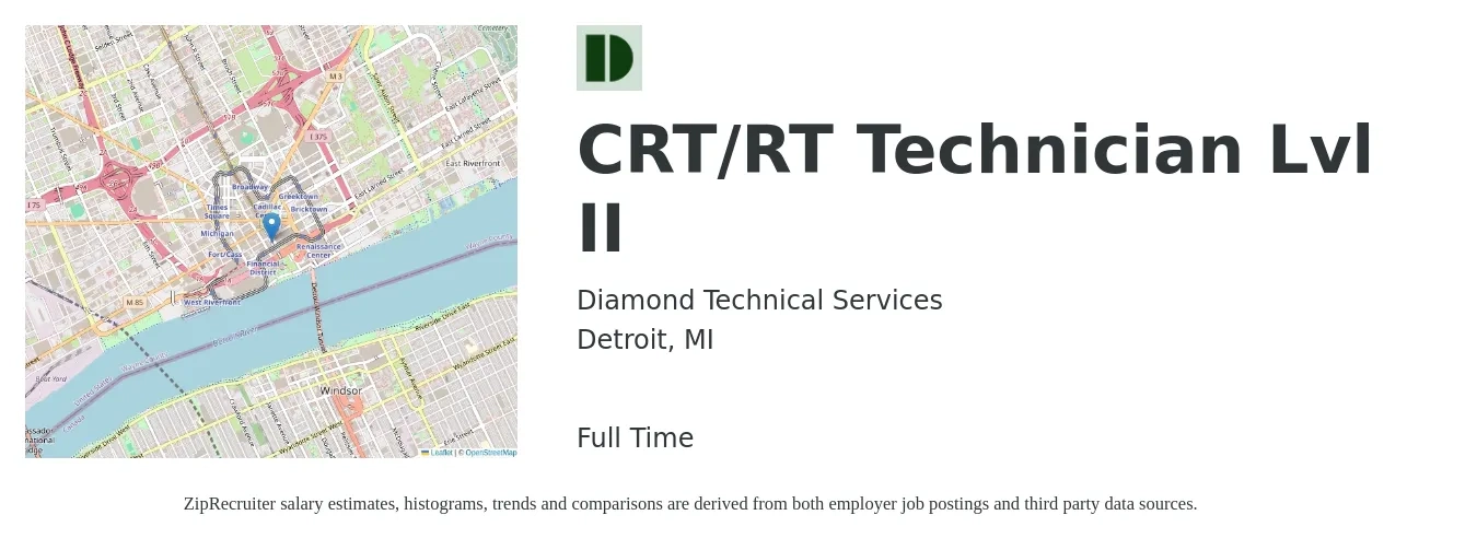 Diamond Technical Services job posting for a CRT/RT Technician Lvl II in Detroit, MI with a map of Detroit location.