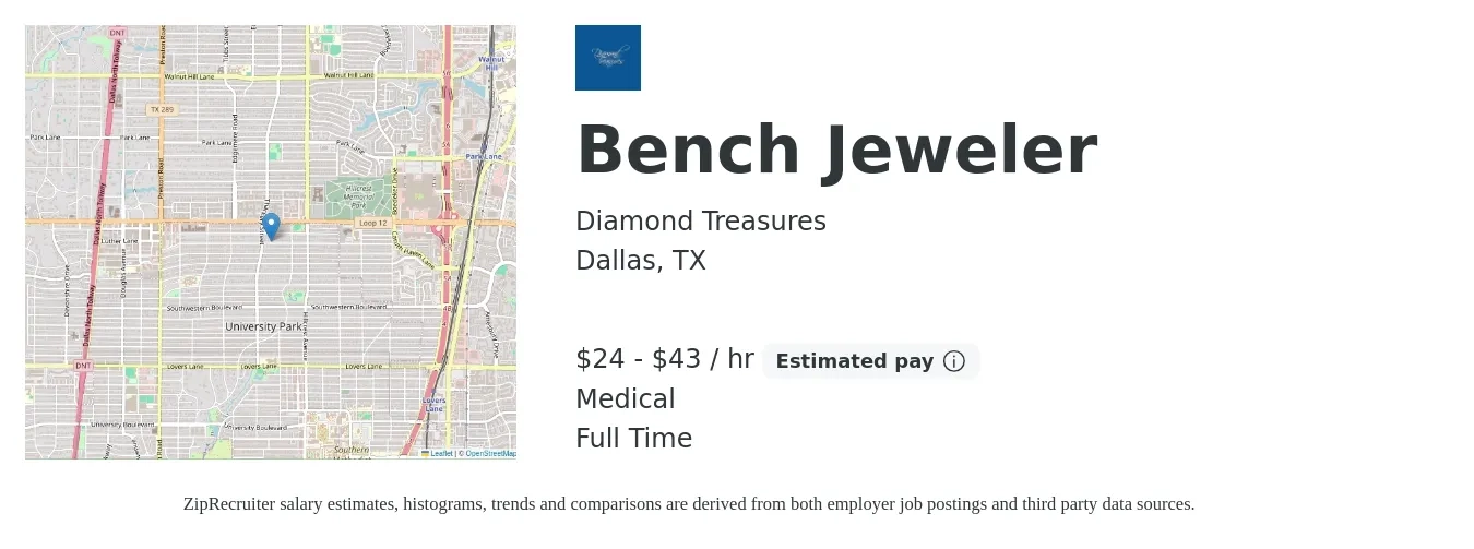 Diamond Treasures job posting for a Bench Jeweler in Dallas, TX with a salary of $25 to $45 Hourly and benefits including medical, pto, and retirement with a map of Dallas location.