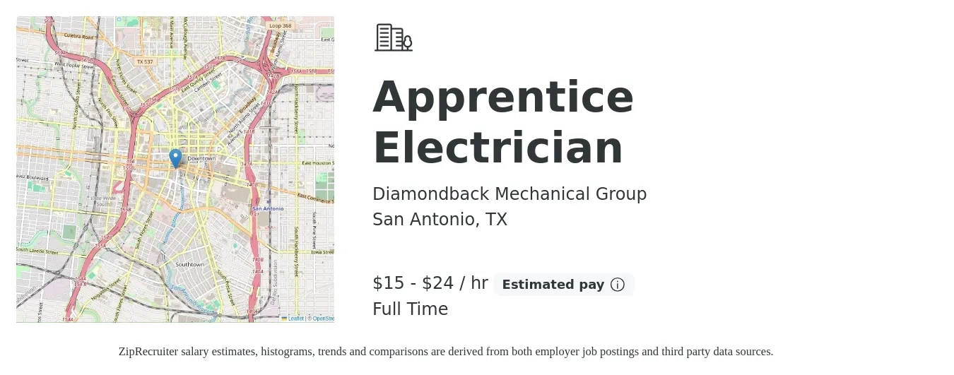 Diamondback Mechanical Group job posting for a Apprentice Electrician in San Antonio, TX with a salary of $16 to $25 Hourly with a map of San Antonio location.