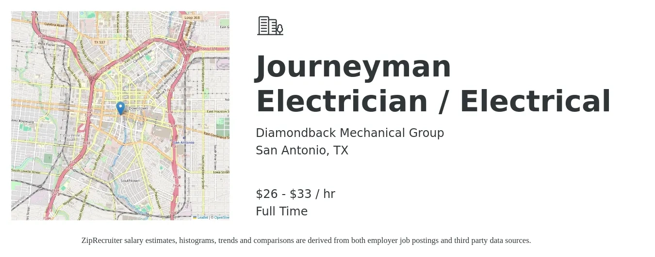 Diamondback Mechanical Group job posting for a Journeyman Electrician / Electrical in San Antonio, TX with a salary of $28 to $35 Hourly with a map of San Antonio location.