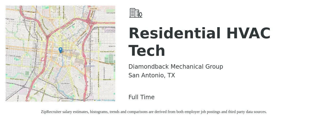 Diamondback Mechanical Group job posting for a Residential HVAC Tech in San Antonio, TX with a salary of $24 to $40 Hourly with a map of San Antonio location.