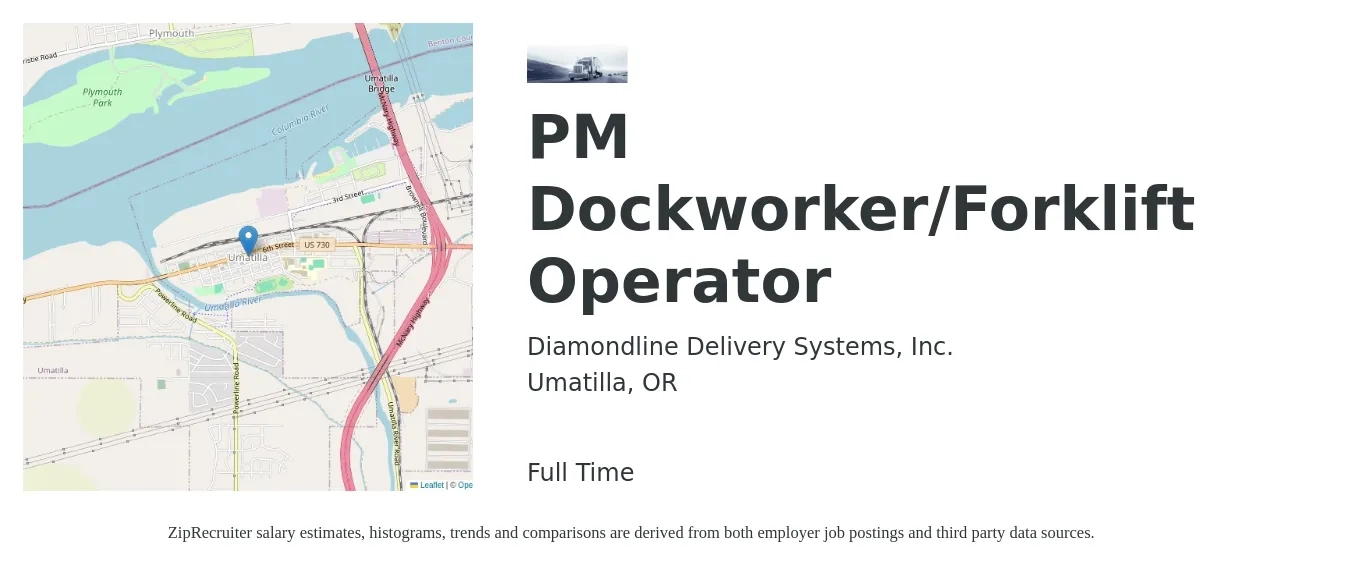 Diamond Line Delivery Systems Inc job posting for a PM Dockworker/Forklift Operator in Umatilla, OR with a salary of $16 to $20 Hourly with a map of Umatilla location.