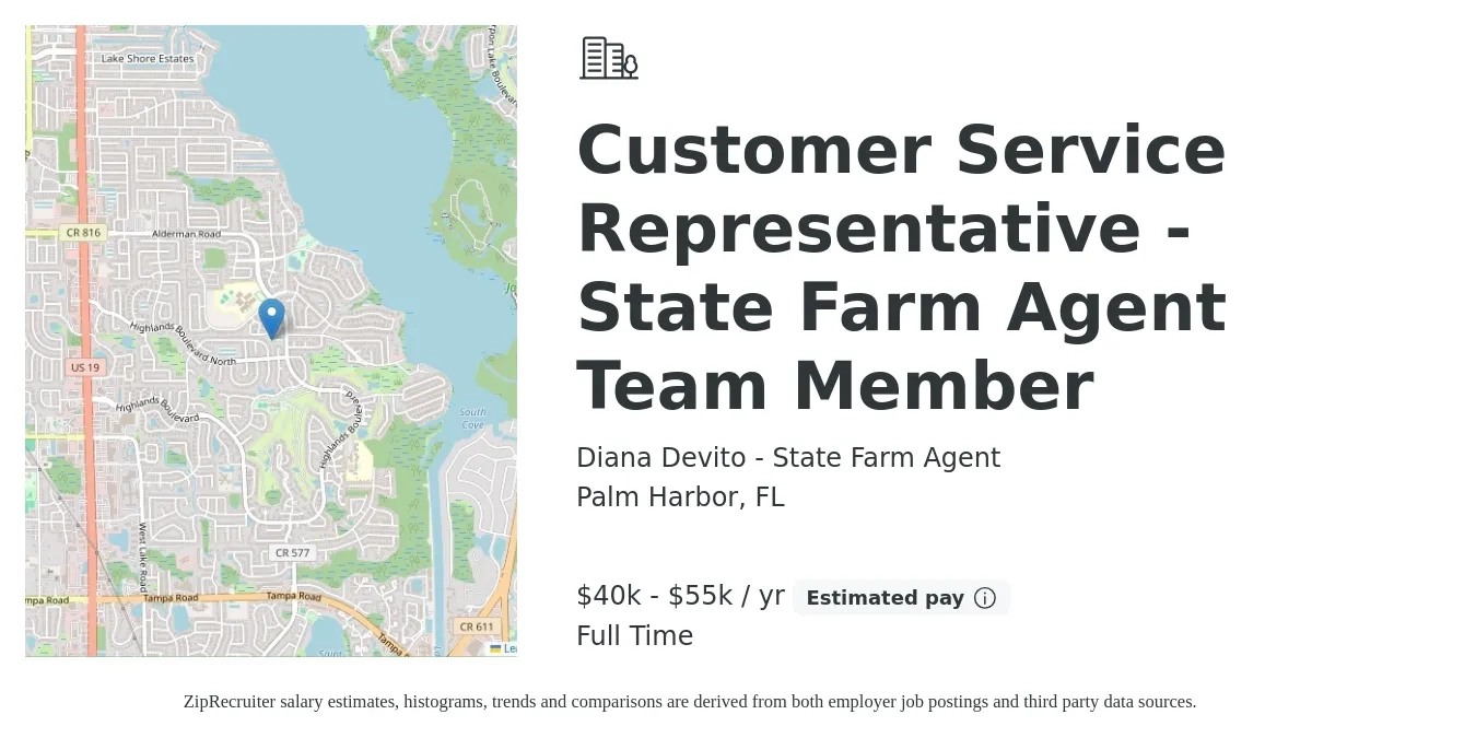 Diana Devito - State Farm Agent job posting for a Customer Service Representative - State Farm Agent Team Member in Palm Harbor, FL with a salary of $40,000 to $55,000 Yearly with a map of Palm Harbor location.