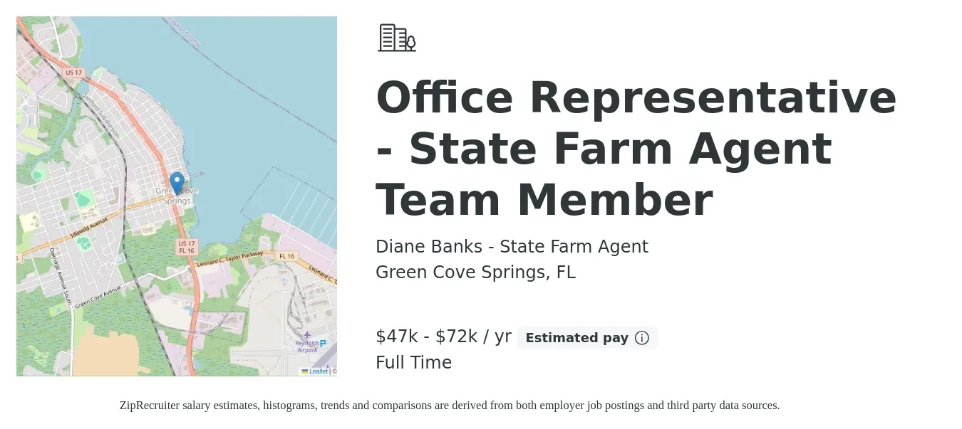 Diane Banks - State Farm Agent job posting for a Office Representative - State Farm Agent Team Member in Green Cove Springs, FL with a salary of $47,000 to $72,000 Yearly with a map of Green Cove Springs location.