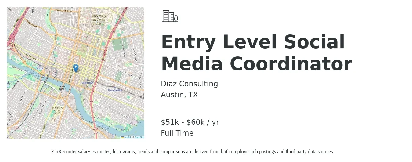 Diaz Consulting job posting for a Entry Level Social Media Coordinator in Austin, TX with a salary of $51,230 to $60,560 Yearly with a map of Austin location.