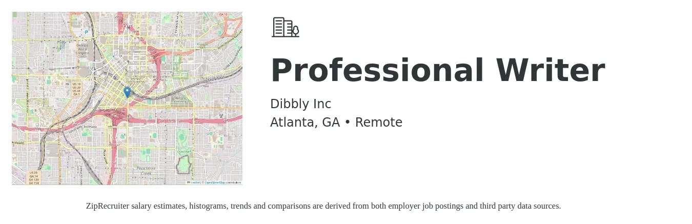 Dibbly Inc job posting for a Professional Writer in Atlanta, GA with a salary of $18 to $28 Hourly with a map of Atlanta location.