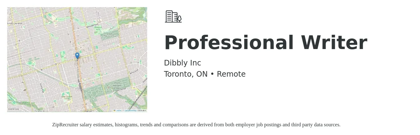 Dibbly Inc job posting for a Professional Writer in Toronto, ON with a map of Toronto location.