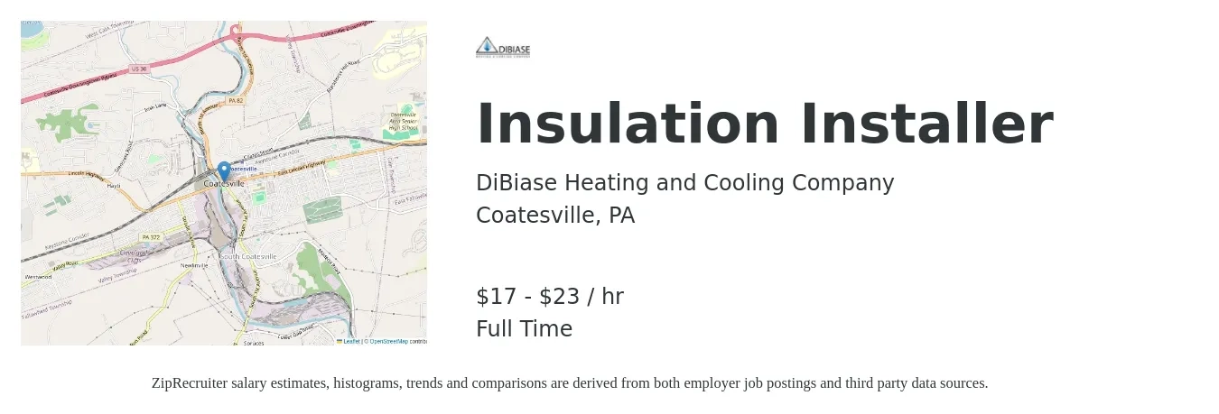 DiBiase Heating and Cooling Company job posting for a Insulation Installer in Coatesville, PA with a salary of $18 to $24 Hourly with a map of Coatesville location.