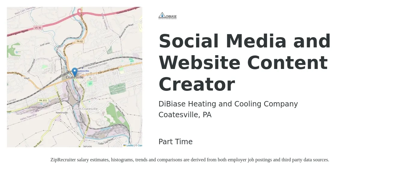 DiBiase Heating and Cooling Company job posting for a Social Media and Website Content Creator in Coatesville, PA with a salary of $20 to $33 Hourly with a map of Coatesville location.