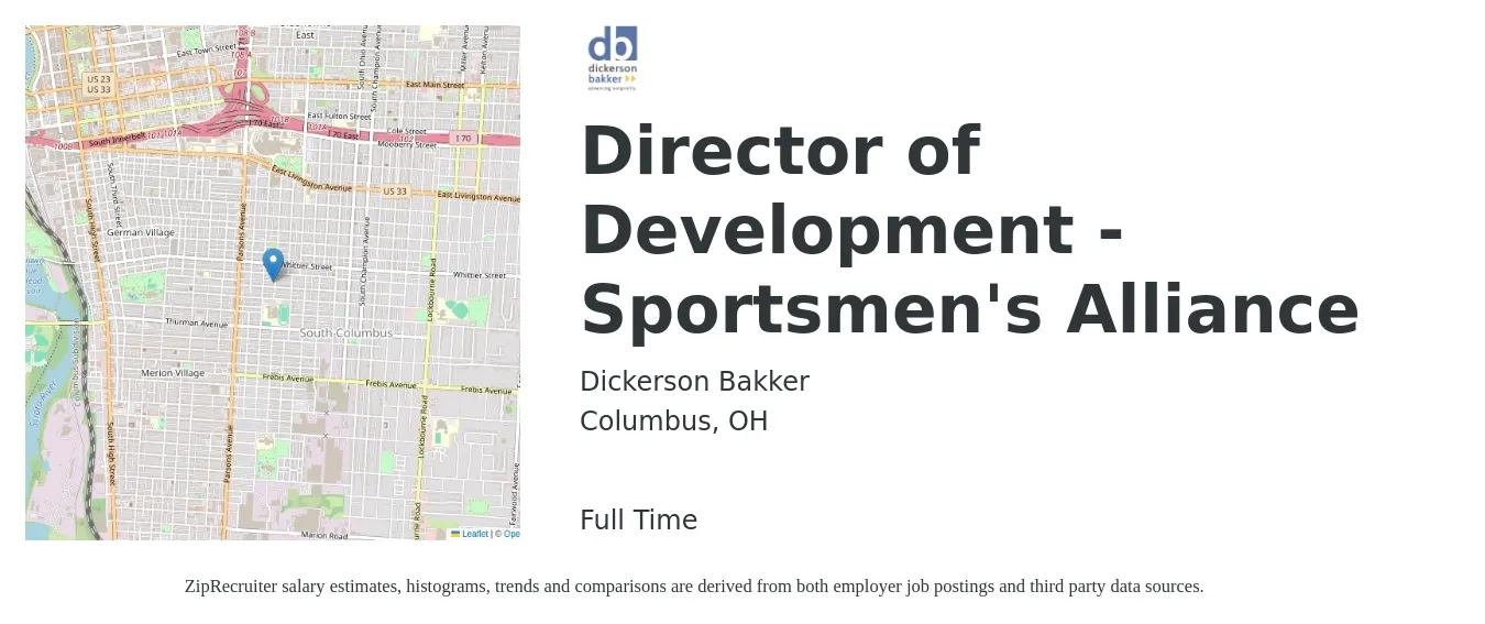 Dickerson Bakker job posting for a Director of Development - Sportsmen's Alliance in Columbus, OH with a salary of $67,600 to $104,800 Yearly with a map of Columbus location.