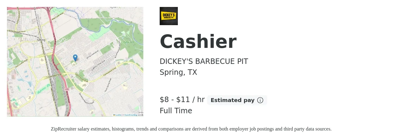 DICKEY'S BARBECUE PIT job posting for a Cashier in Spring, TX with a salary of $9 to $12 Hourly with a map of Spring location.