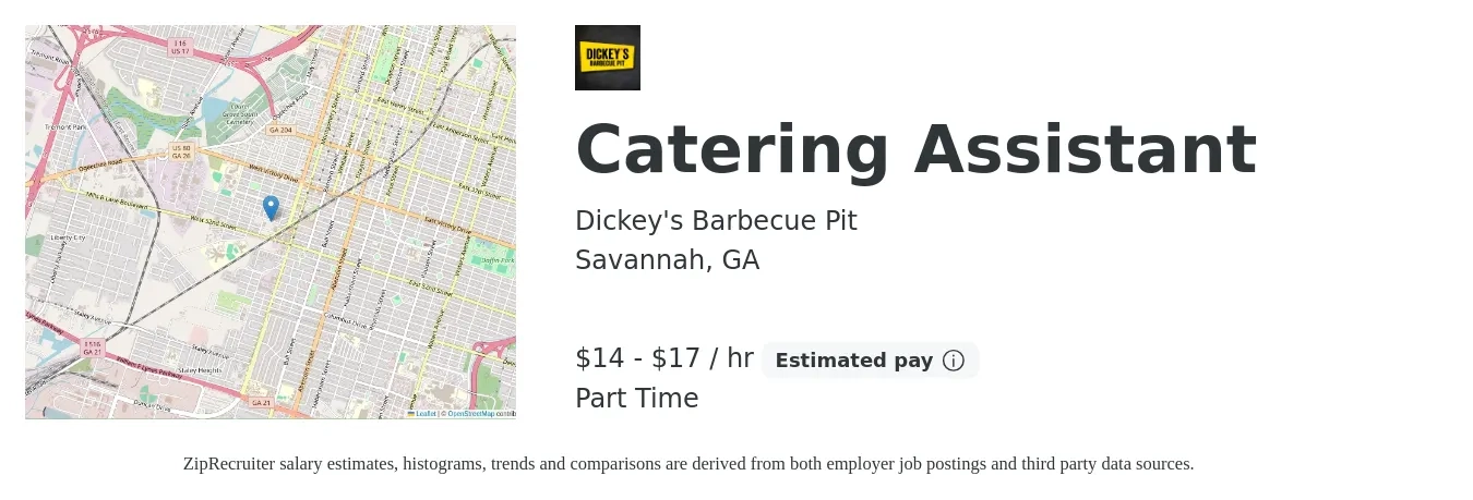 Dickey's Barbecue Pit job posting for a Catering Assistant in Savannah, GA with a salary of $15 to $18 Hourly with a map of Savannah location.