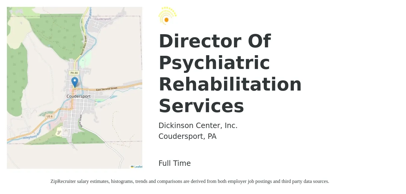Dickinson Center, Inc. job posting for a Director Of Psychiatric Rehabilitation Services in Coudersport, PA with a salary of $21 Hourly with a map of Coudersport location.