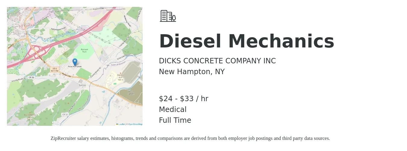 DICKS CONCRETE COMPANY INC job posting for a Diesel Mechanics in New Hampton, NY with a salary of $25 to $35 Hourly and benefits including life_insurance, medical, pto, and retirement with a map of New Hampton location.