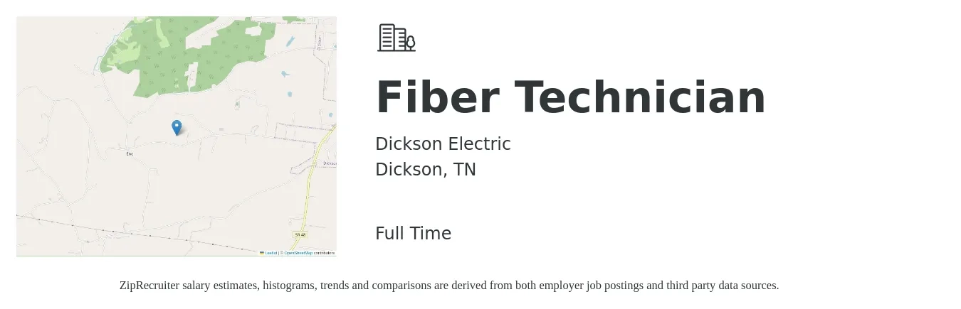 Dickson Electric job posting for a Fiber Technician in Dickson, TN with a salary of $20 to $29 Hourly with a map of Dickson location.