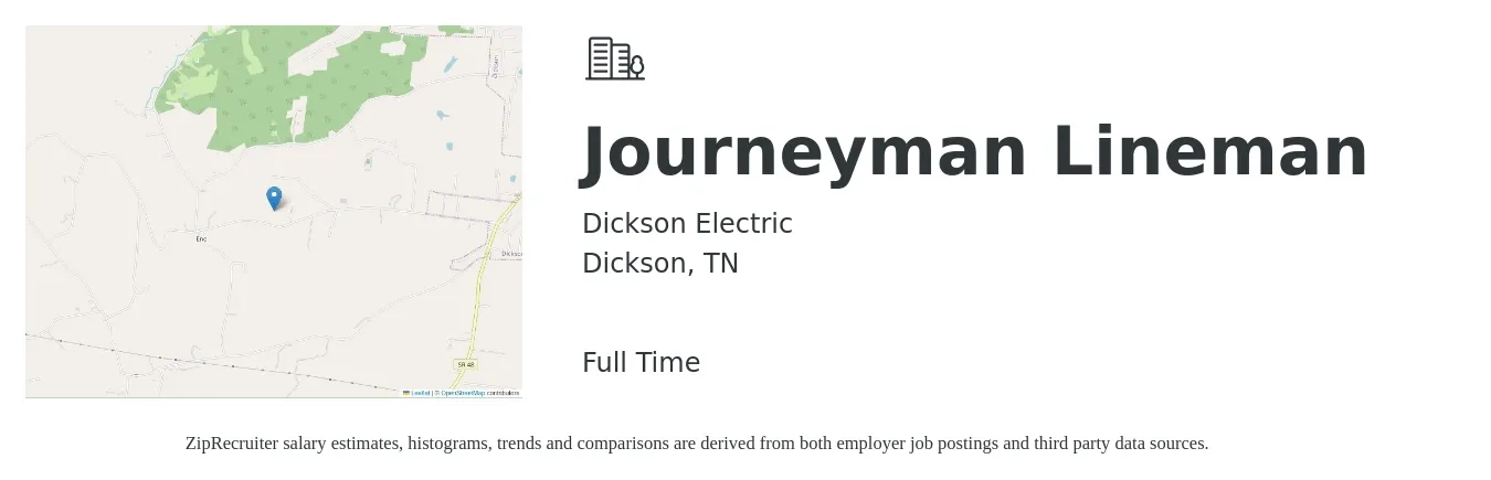Dickson Electric job posting for a Journeyman Lineman in Dickson, TN with a salary of $26 to $48 Hourly with a map of Dickson location.