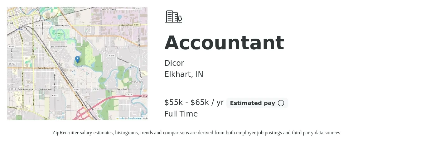 Dicor job posting for a Accountant in Elkhart, IN with a salary of $55,000 to $65,000 Yearly with a map of Elkhart location.