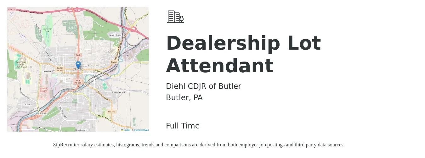 Diehl CDJR of Butler job posting for a Dealership Lot Attendant in Butler, PA with a salary of $14 to $16 Hourly with a map of Butler location.